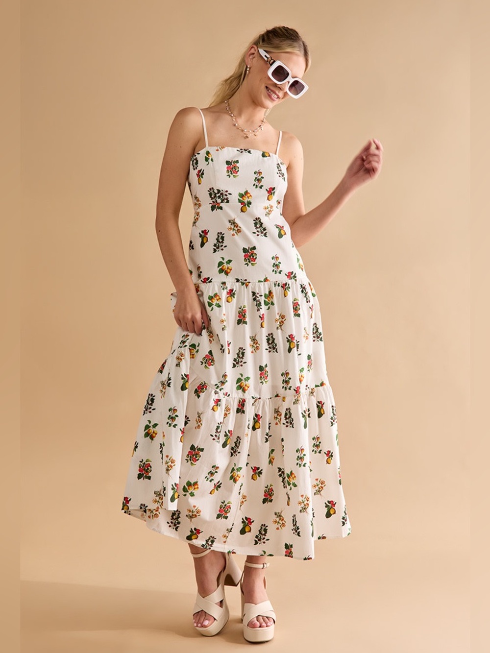 Francesca’s Juliana Fruit Print Tiered Maxi Dress